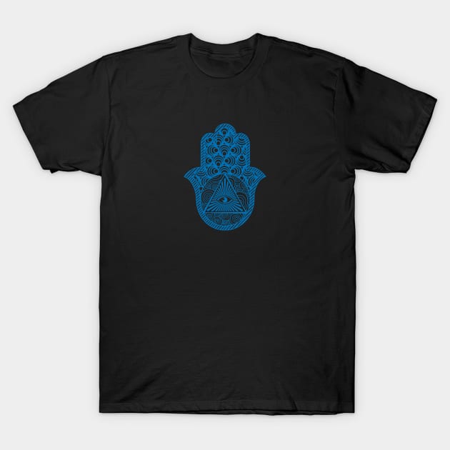 French Blue Zentangle Hamsa Hand of Fatima - Black T-Shirt by MysticMagpie